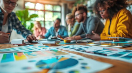 Multinational business people working together on business project in office area and there are planning, business analysis documents with charts, statistics on the table