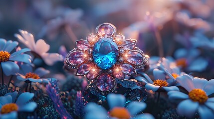 Fototapeta premium Exquisite gemstone brooch amidst blooming flowers 