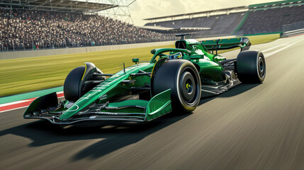 Lively Green Formula 1 Car Accelerating on Racing Circuit