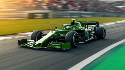 Grass-Green Supercar Taking a Sharp Turn on Formula 1 Track