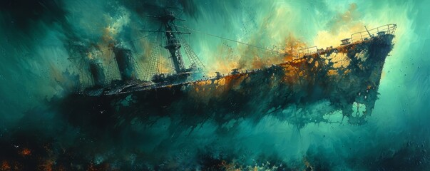 Fototapeta premium Abstract underwater scene with a sunken ship in watercolor.