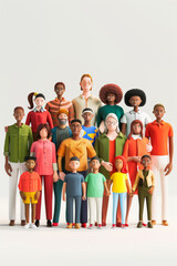 Diverse group of 3D characters, showcasing multiculturalism, unity, and inclusion, with people of different ages and backgrounds.
