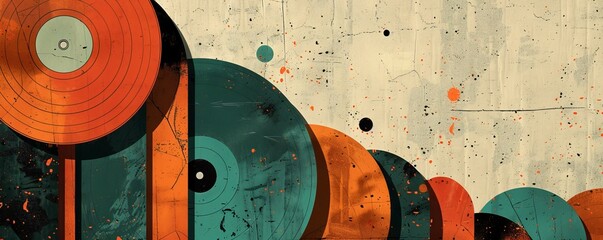 Abstract retro geometric design with vibrant circles in orange and teal