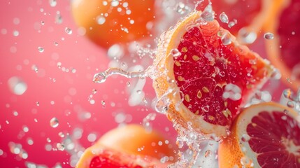 Sliced grapefruit with water splashes on pink background