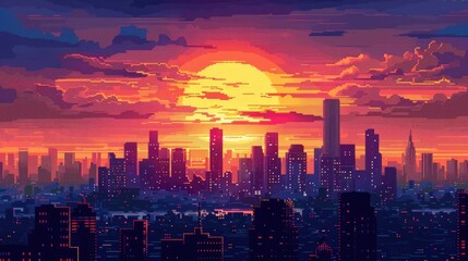 Fototapeta premium Pixel art skyline with a radiant sun setting amidst skyscrapers, casting a warm glow over the city in a serene 8-bit sunset scene