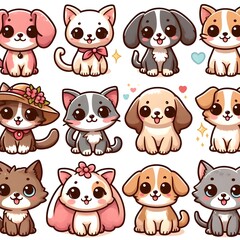 Obraz premium Cute Cartoon Animals Set Dogs and Cats with Big Eyes