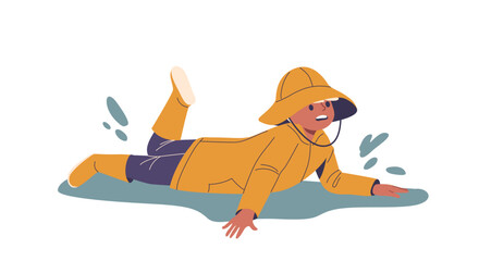 Child Wearing A Yellow Raincoat Slipping And Falling On Wet Ground. Cartoon Vector Scene Portrays Concept Of Accident