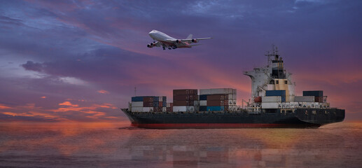 Obraz premium Logistics and container loading by large barges by sea in a harbor full of containers waiting to be transported