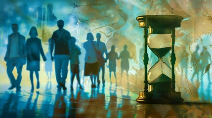 An hourglass in the foreground. Silhouettes of people against the background, the concept of the transience of time.