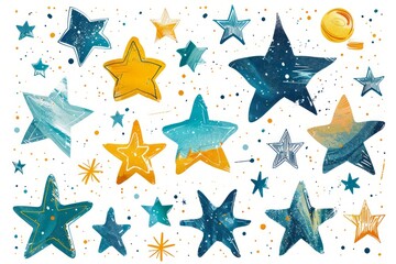 green blue yellow  hand drawn stars set on white background