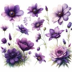 Obraz premium a collection of purple flowers with the word spring on the bottom.