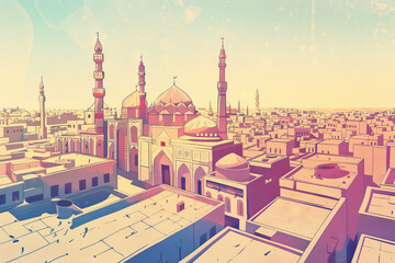 Naklejka premium Risograph stencilled riso print travel poster, card, wallpaper or banner illustration, modern, isolated, clear, simple of Najaf, Iraq. Artistic, screen printing, stencil