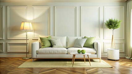 Stylish living room has a cream sofa decorated with green and white cushions, complemented by a round coffee table with two green apples. The room has a floor lamp, potted plant and wall covering. AI