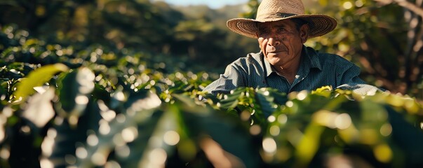 Artisanal farmer inspecting coffee plants under sunlight, Coffee garden, Farmer s dedication