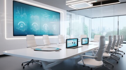 High-tech conference room with interactive touch screens and digital whiteboards