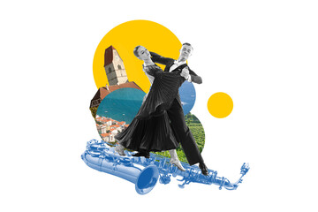 Artistic couple, man and woman in classical costumes dancing tango against country background. Contemporary art collage. Concept of dance, surrealism, creativity and inspiration.