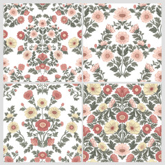 Fototapeta premium A set of 4 seamless patterns featuring folk art design elements with flowers on a white background. Ideal for fabric printing, wallpapers, gift wrap, and home decor, adding a traditional, 
