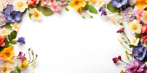 Frame of summer garden flowers on a white background. Design banner template for advertising, summer cards, invitations, posters with place for text