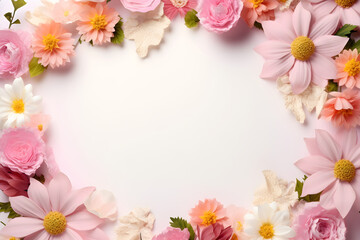 Frame of summer garden flowers on a white background. Design banner template for advertising, summer cards, invitations, posters with place for text