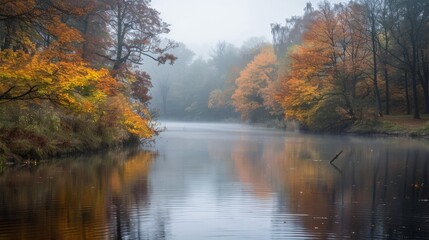 Fototapeta premium Serene autumn forest lake with colorful trees and misty atmosphere, reflecting on calm water