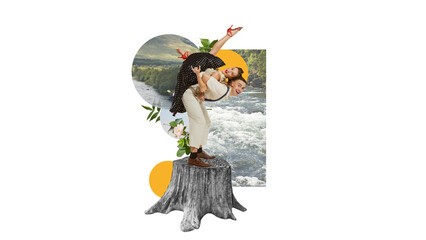 Joyful dance couple balancing on tree stump, with rushing river and lush hills behind them. Elegance of dance and energy of nature. Contemporary art collage. Concept of creativity and inspiration.