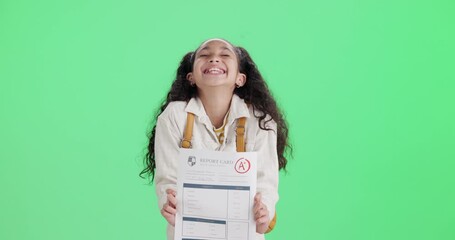 Girl, celebrate and report card by green screen for success, achievement and school excellence. Excited face of student dancing with her results, grades or first class education on studio background