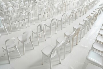 Obraz premium The white space, white chairs are arranged together regularly.