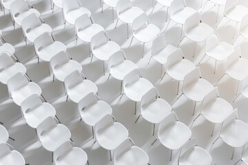 Fototapeta premium The white space, white chairs are arranged together regularly.