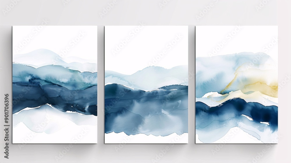 Fototapete three modern watercolor art posters with a continuous design, seamlessly connected on a white backgr