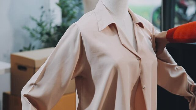 Designer concept.The dressmaker is designing an evening dress in the room.Asian clothing designers are measuring sample sizes to prepare evening gowns for important customer orders