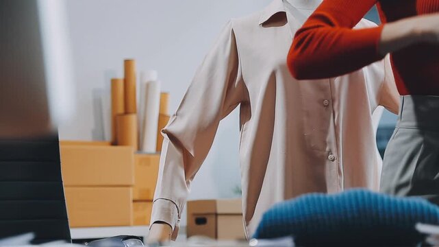 Designer concept.The dressmaker is designing an evening dress in the room.Asian clothing designers are measuring sample sizes to prepare evening gowns for important customer orders
