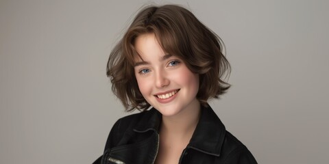Fototapeta premium A young person showcases a bright smile, dressed in a stylish black jacket, set against a light backdrop.