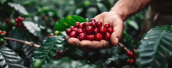 Hand holding a cluster of ripe coffee cherries in a garden setting, Coffee garden, Handpicked harvest
