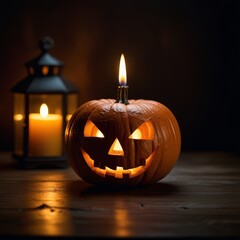 Fototapeta premium A spooky Halloween setting featuring a glowing Jack-o'-lantern with a candle inside, The festive atmosphere