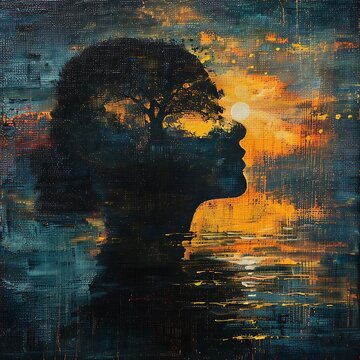 Oil painting style of a peaceful mind for World Mental Health Day, semi close-up, ethereal, silhouette, nature backdrop, more clarity with clear light and sharp focus, high detailed