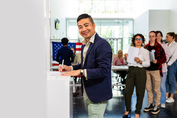 Man standing in voting booth, voting. Concept of USA elections, patriotism, support