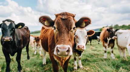 A cow is looking at the camera with its head turned to the side