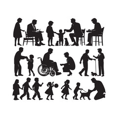 "Heartwarming Silhouette Vector Illustration of Grandchildren Playing with Grandparents"
