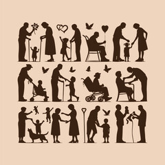 "Heartwarming Silhouette Vector Illustration of Grandchildren Playing with Grandparents"