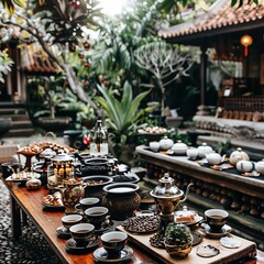 Fototapeta premium Traditional coffee ceremony setup in a garden, Coffee garden, Cultural heritage