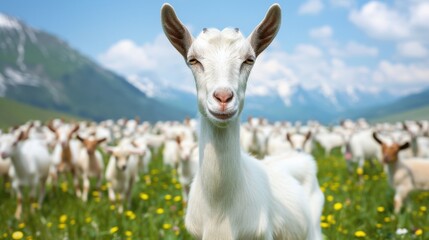 Obraz premium A white goat is standing in a field with other goats. The goat is smiling and looking at the camera