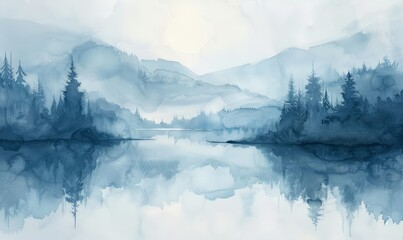 A painting of a forest with a lake in the background