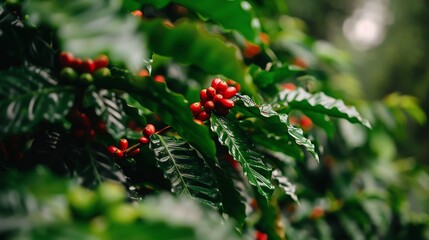 Obraz premium Vibrant ecosystem around coffee plants with insects and birds, Coffee garden, Biodiversity