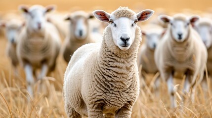 Fototapeta premium A sheep with a white face stands in a field with other sheep. The sheep is the center of attention and he is looking at the camera
