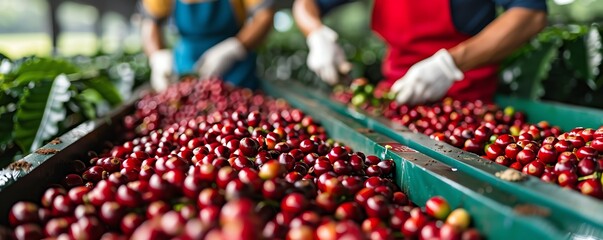 Workers handpicking coffee cherries, Coffee harvest, Traditional farming techniques