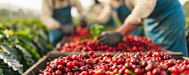 Workers handpicking coffee cherries, Coffee harvest, Traditional farming techniques