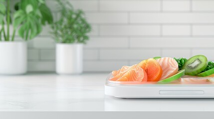 A modern electric food dehydrator drying fruits in a kitchen, flat design illustration, with copy space, high-resolution photo, hyper realistic