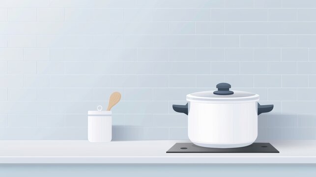 A high-tech instant pot cooking a meal on a kitchen counter, flat design illustration, with copy space, high-resolution photo, hyper realistic