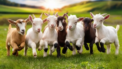 Obraz premium A group of a herd of goats running in the grass, AI