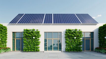 Fototapeta premium A modern school with solar panels on the roof, green walls, and energy-efficient lighting, with copy space, high-resolution photo, hyper realistic